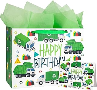 13-Inch Garbage Truck Birthday Gift Bags with Tissue and Card