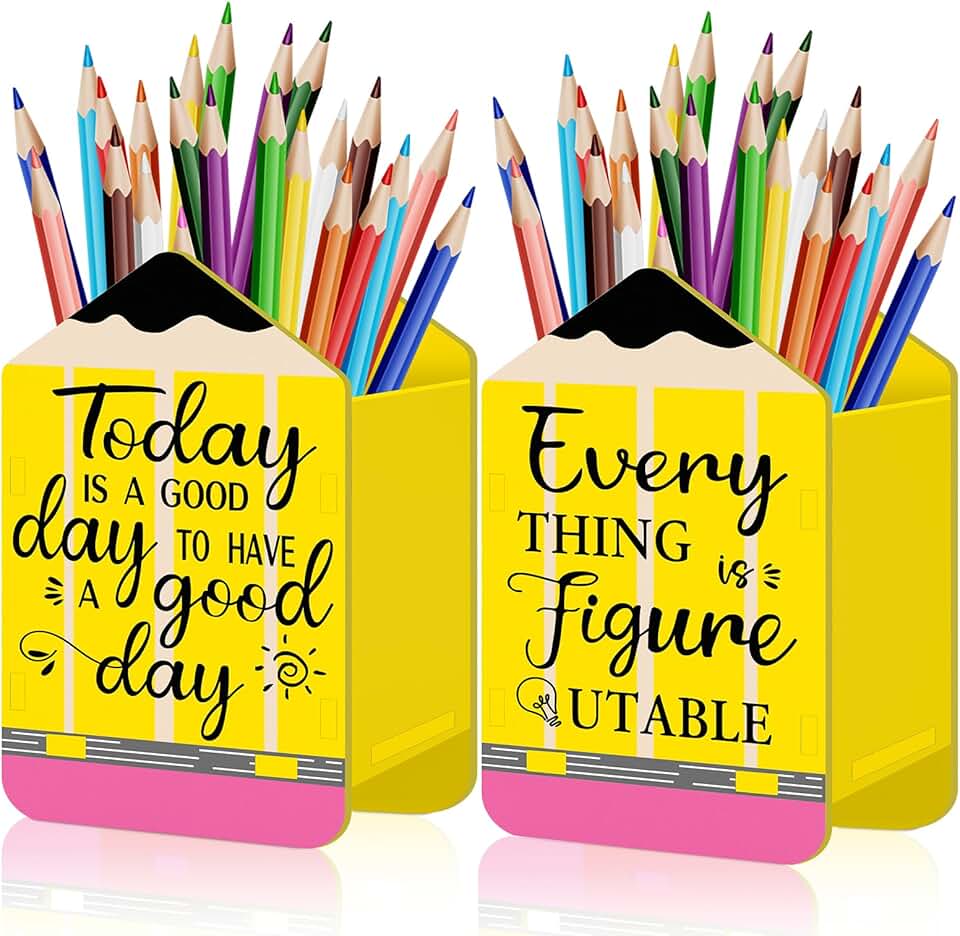 Set of two yellow pencil-shaped pencil holders