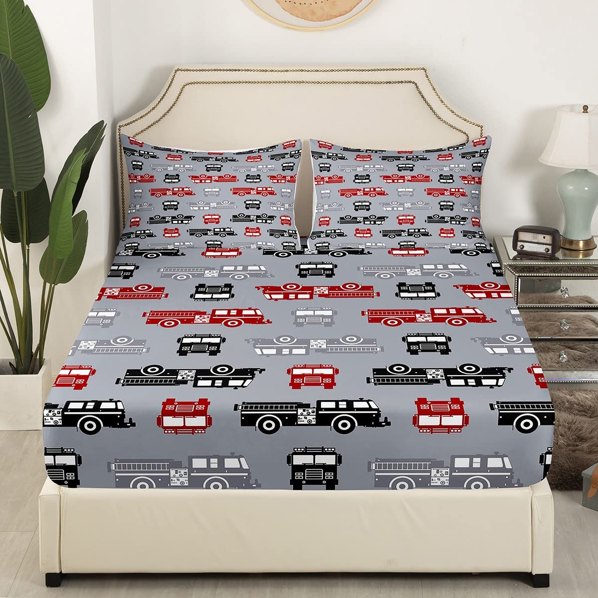 Vehicles Bed Sheets Boys Truck Sheet Set Full Size, Rescue Car Fitted Sheet for Child Youth Man, Engine Bed Cover Fighting Vehicle Kids Car Theme Room Decor Grey