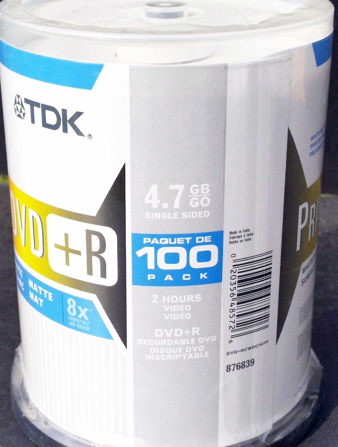 100 on spindle pack Print On DVD R 8x 4.7 GB single sided white matte