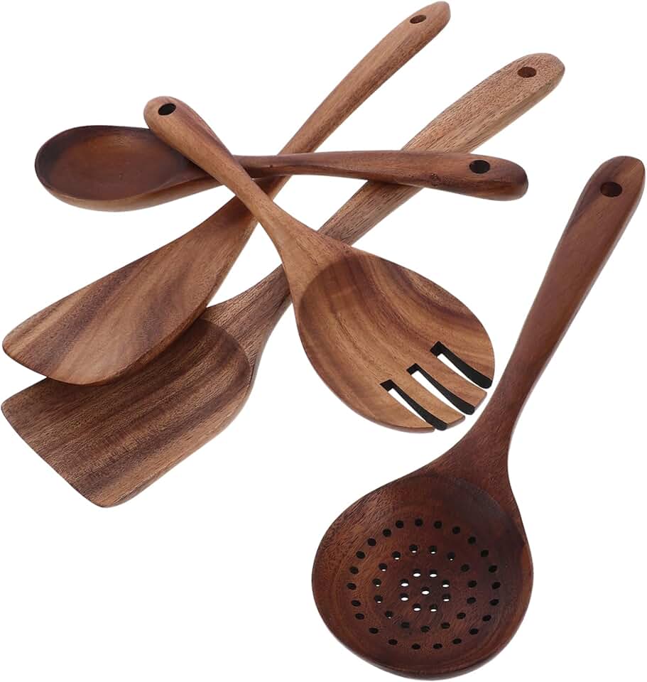 Reusable wood utensil set with spatula ladle and spoon