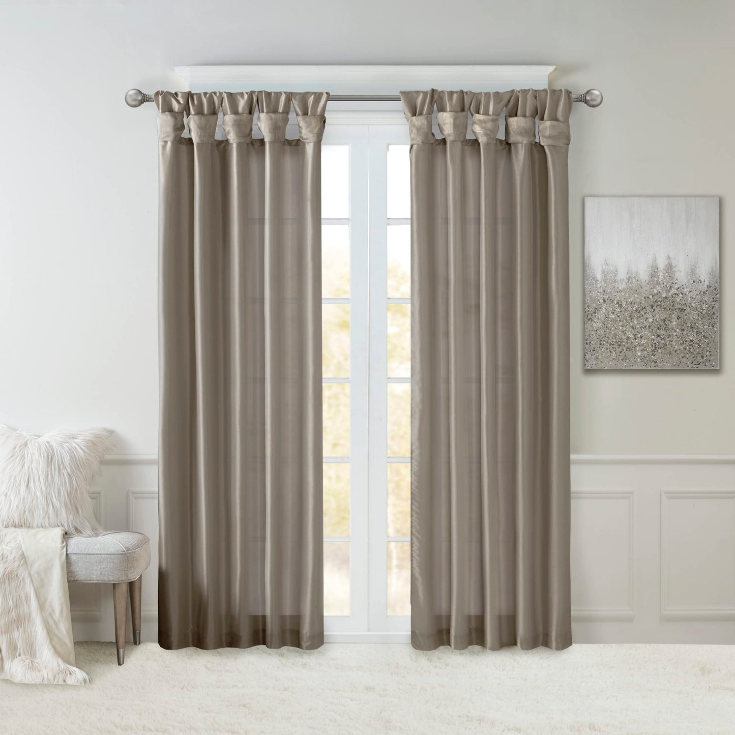 Emilia Faux Silk Single Curtain with Privacy Lining, DIY Twist Tab Top, Window Drape for Living Room, Bedroom and Dorm, 50x95, Pewter Brown