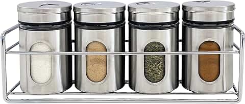 Set of 4 stainless steel spice jars with rack