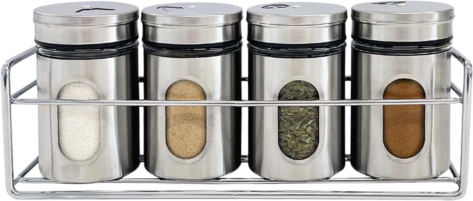 Set of 4 stainless steel spice jars with rack
