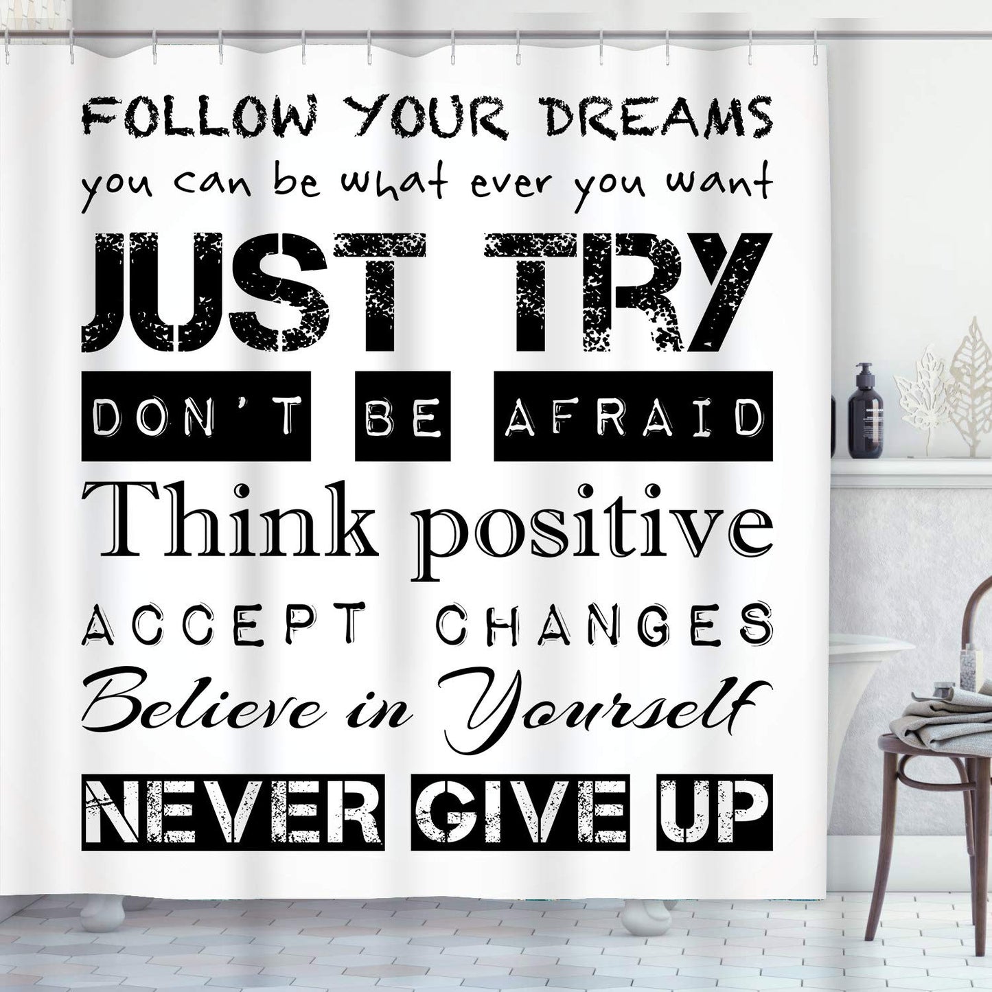 4 Pcs Shower Curtain Set Just Try Never Give Up Inspirational Lifestyle Motivate with Non- Rugs Tet Lid Cover and Bath Mat Bathroom Decor Set 72" X 72"