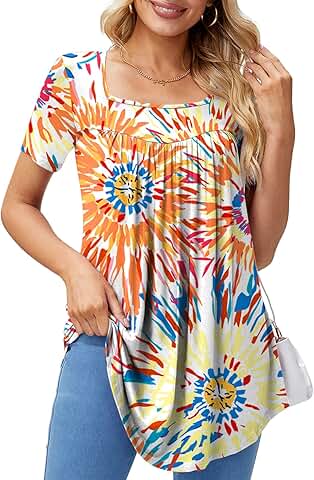 Casual Women's Summer Square Neck Short Sleeve Tunic