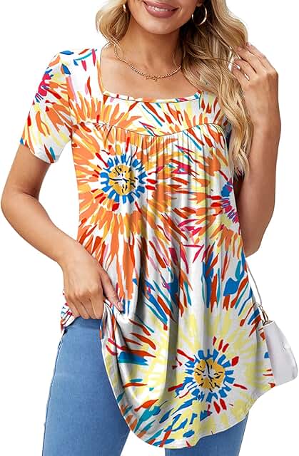 Casual Women's Summer Square Neck Short Sleeve Tunic