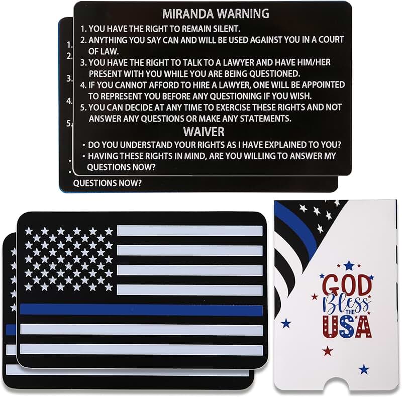 Two Metal Miranda Rights Cards with Blue Line Flag