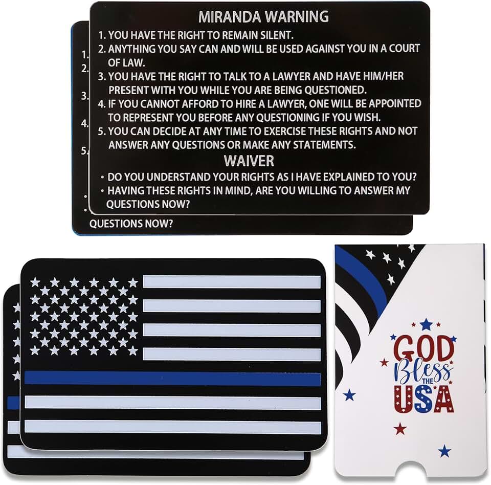 Two Metal Miranda Rights Cards with Blue Line Flag