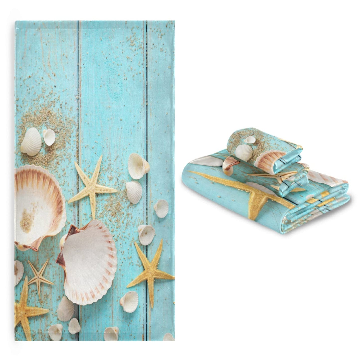 Shells Starfish On Sea Shore Bath Towel Set 3 Ultra Soft Fast Dry Summer Sea Face Towel Absorbent Bathroom Towel Set Shower Hand Face Washcloths