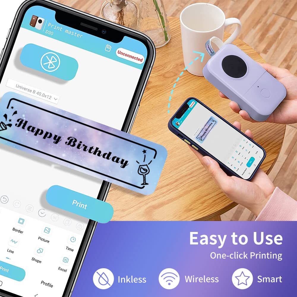 D30 Label Makers Machine with Tape - Portable Bluetooth Mini Sticker Thermal Label Printer Handheld Rechargeable, Easy to Use for Office Home Organization, Rich Icon Font Multiple Templates
