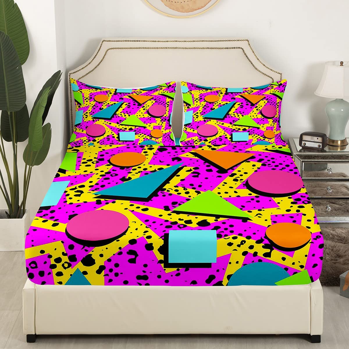 Memphis Geometric Pattern Fitted Sheet Full Size,Retro 80S Style Bed Sheets Urban Modern Design With Circles and Triangle Shapes Sheet Set Eighties Funky Hipster Old Fashioned Bedroom Decor