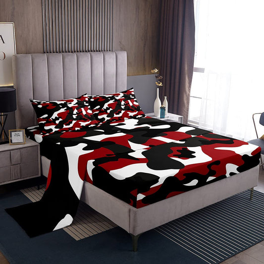 Kids Boys Camo Bed Sheets Army Camouflage Sheet Set for Girls Teens Youth Man Colorful Pattern Art Decor Bed Set Black Red White Sheets Queen,1 Fitted Sheet+2 Pillow Sham+1 Flat Sheet