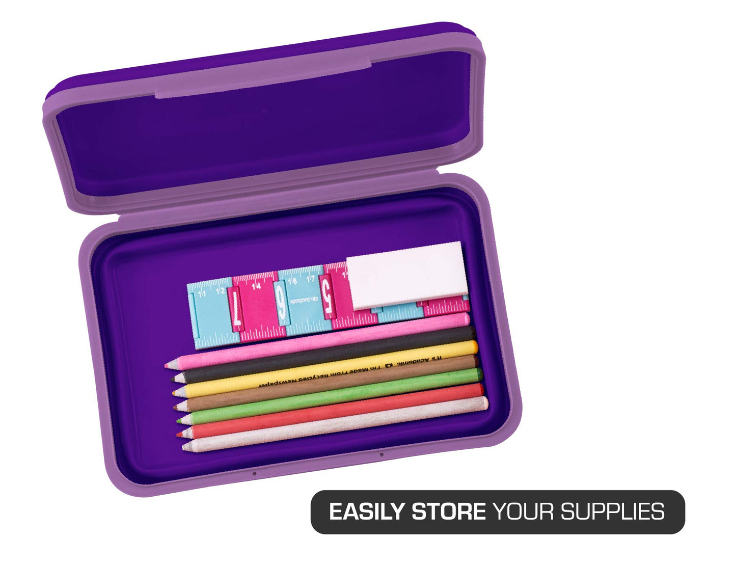 Flexible purple storage box for pencils and supplies