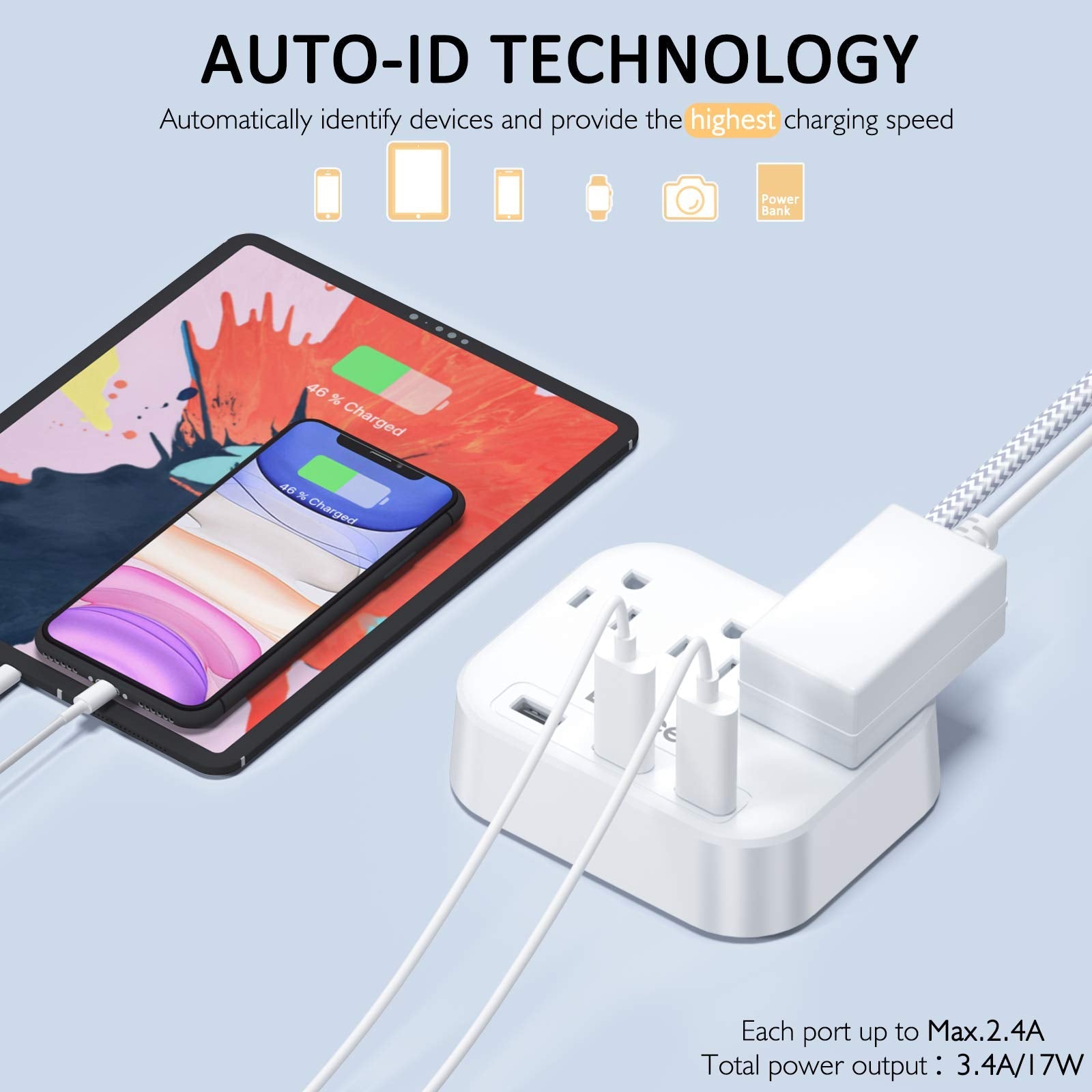 2 Prong Power Strip, 3 Prong to 2 Prong Outlet Adapter, 6.6ft Braided Extension Cord with Polarized Plug, 3 AC Outlets & 3 USB(5V 3.4A Max), Wall Mountable, Ideal for Non-Grounded Outlets