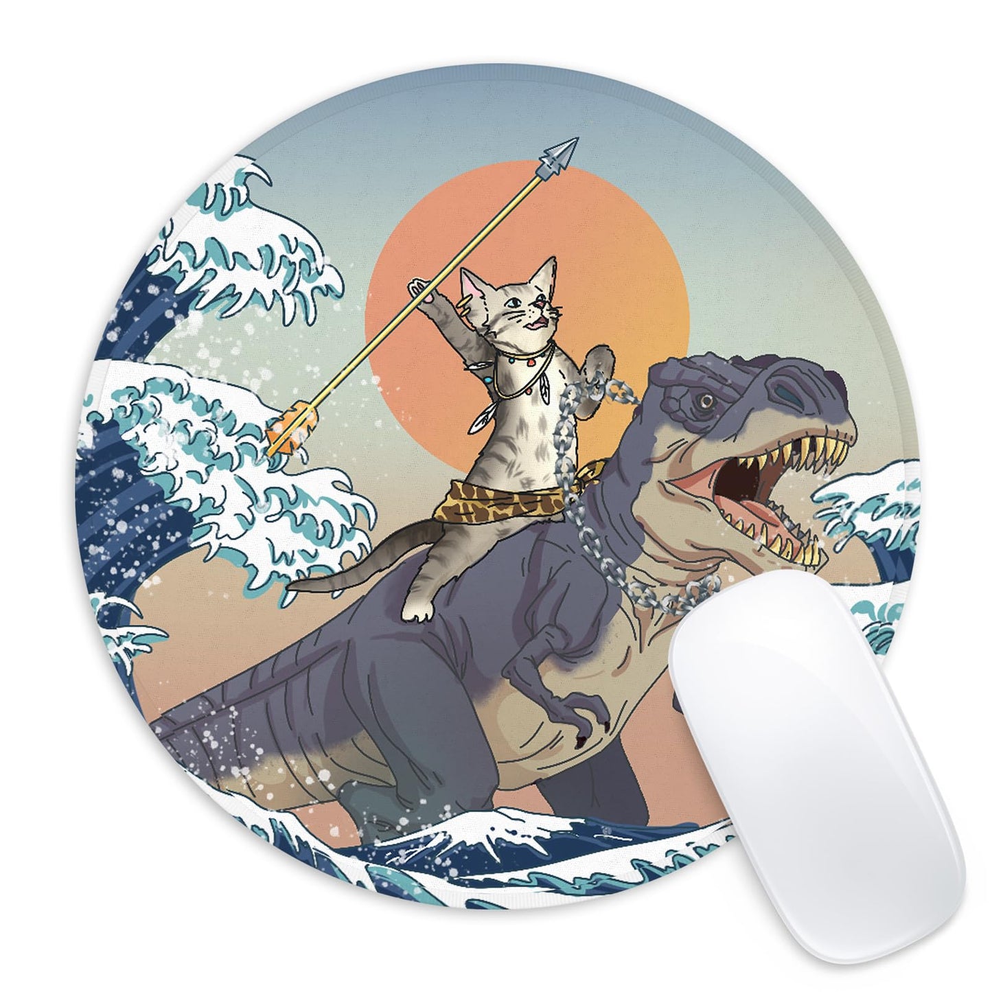 Round Cat and Dinosaur Mouse Pad for Desk