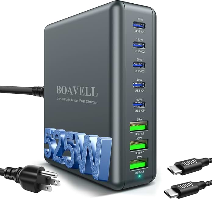 8-Port 525W GaN USB C Charger with 100W Cable