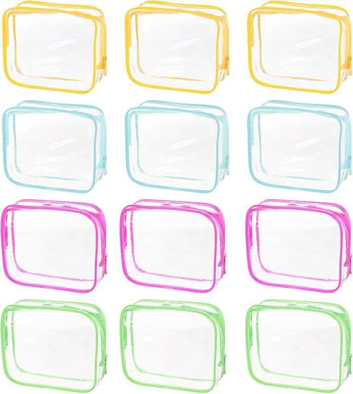 12-Pack Clear PVC Toiletry and Makeup Bags in Various Colors
