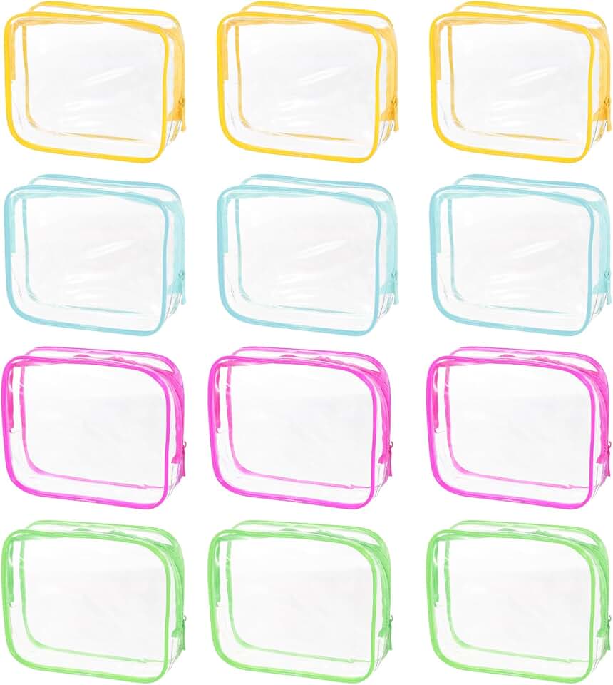 12-Pack Clear PVC Toiletry and Makeup Bags in Various Colors