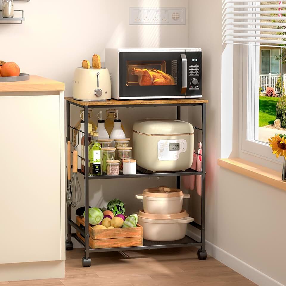 3-Tier Kitchen Microwave Cart with Storage and Wheels