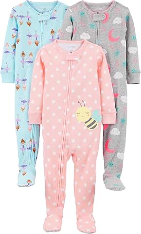 Girls' three-pack snug fit cotton footed pajamas