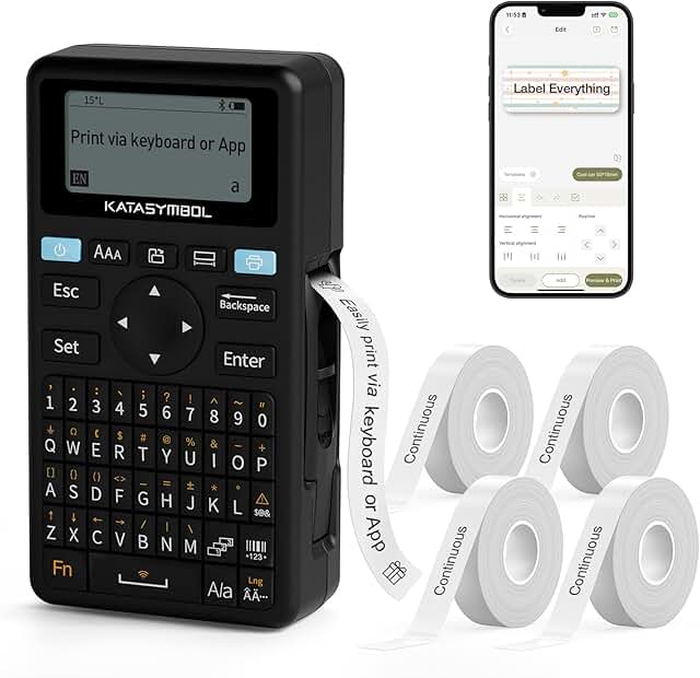 Bluetooth label maker with 4 tapes, keyboard, app, fonts, icons