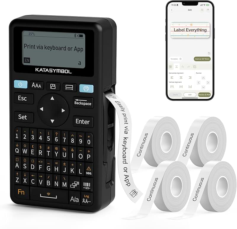 Bluetooth label maker with 4 tapes, keyboard, app, fonts, icons