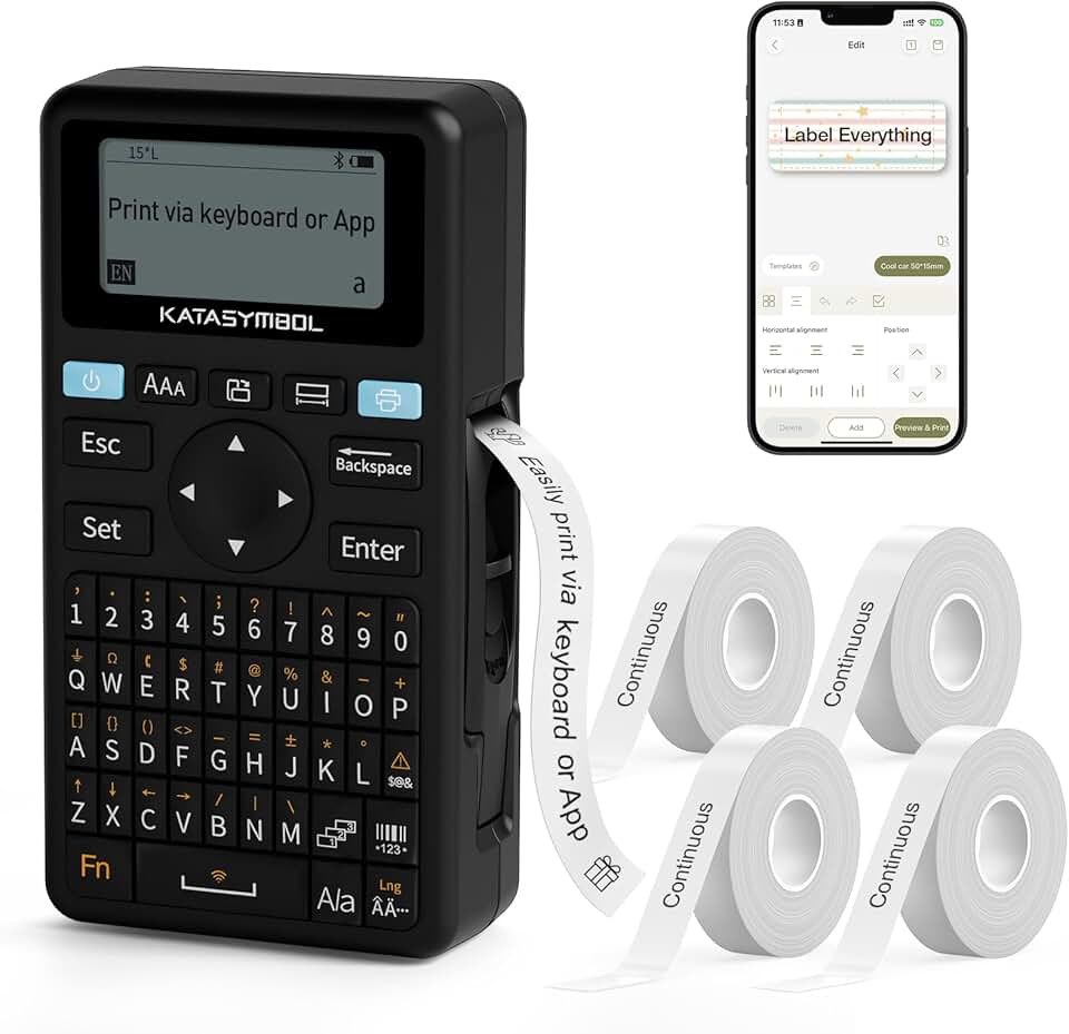 Bluetooth label maker with 4 tapes, keyboard, app, fonts, icons