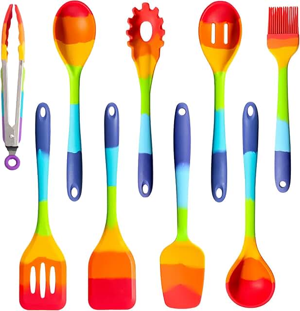 Set of 9 colorful silicone cooking utensils with tongs