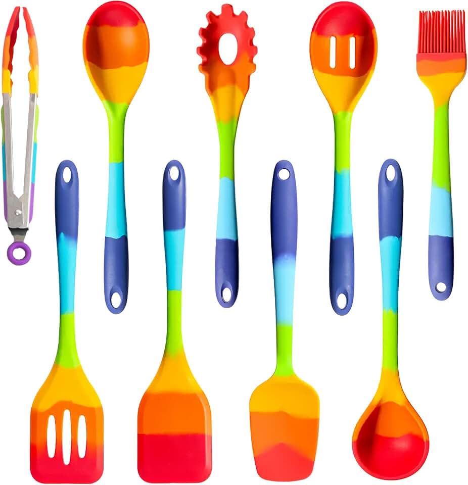 Set of 9 colorful silicone cooking utensils with tongs