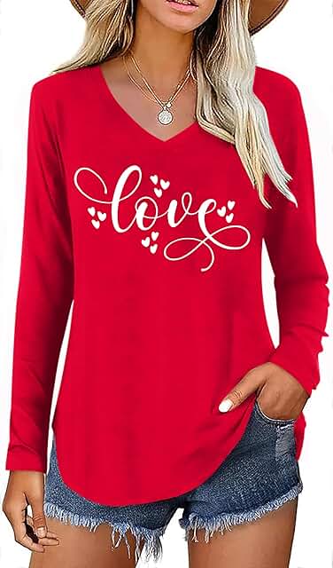 Women's V-Neck Long Sleeve Heart Graphic Blouse