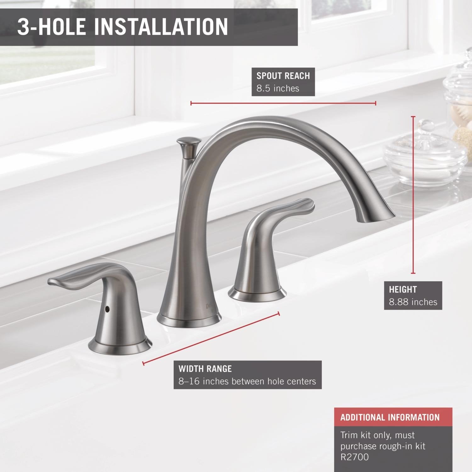 T2738-SS Lahara Roman Tub Trim, Stainless, 4.00 x 9.00 x 20.00 inches