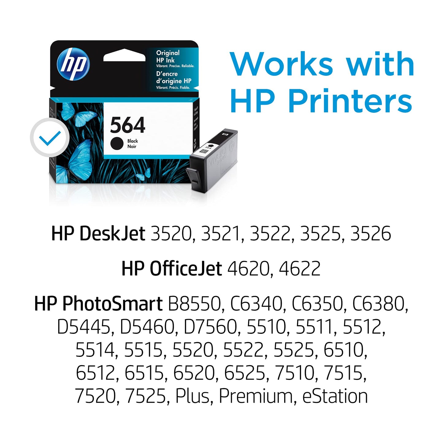 Original 564 Black Ink Cartridge | Works with DeskJet 3500; OfficeJet 4620; PhotoSmart B8550, C6300, D5400, D7560, 5510, 5520, 6510, 6520, 7510, 7520, Plus, Premium, eStation Series | CB316WN