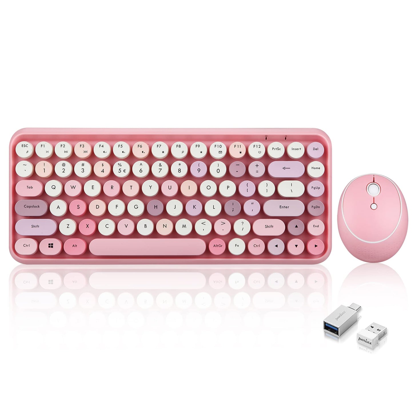 PERIDUO-713 Wireless Mini Keyboard and Mouse Combo, Retro Round Key Caps, Pastel Pink, US English Layout