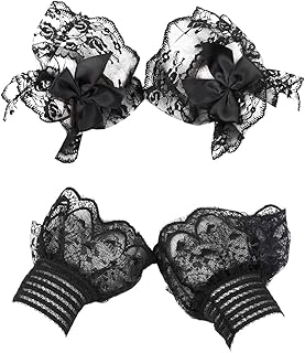 2 Pairs Black Ruffled Bow Floral Lace Mesh Hand Gloves