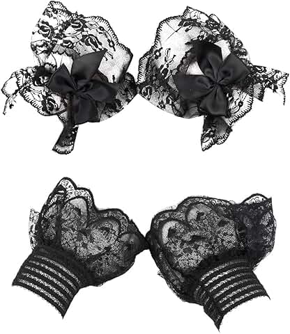 2 Pairs Black Ruffled Bow Floral Lace Mesh Hand Gloves