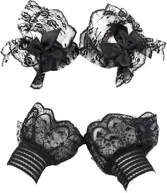 2 Pairs Black Ruffled Bow Floral Lace Mesh Hand Gloves
