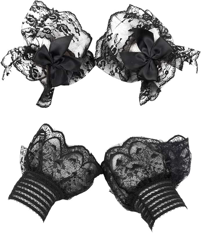2 Pairs Black Ruffled Bow Floral Lace Mesh Hand Gloves