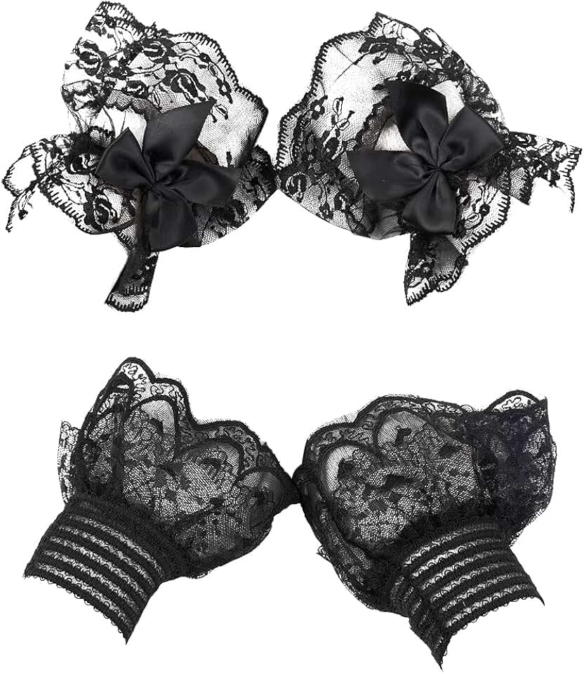 2 Pairs Black Ruffled Bow Floral Lace Mesh Hand Gloves
