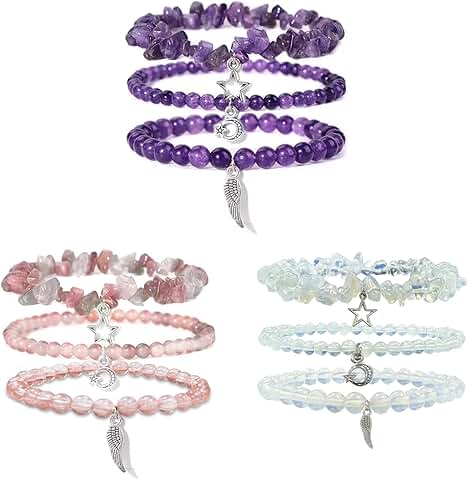 Set of nine beaded gemstone bracelets for women