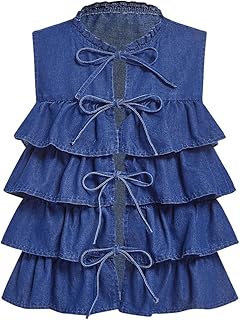 Women's Sleeveless Denim Vest with Bow Tie and Ruffle Details