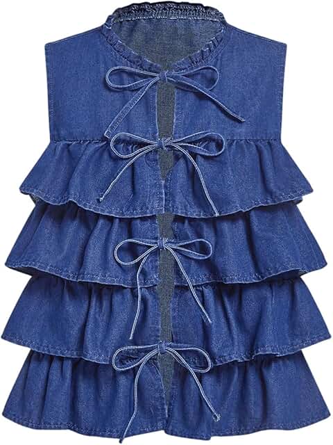 Women's Sleeveless Denim Vest with Bow Tie and Ruffle Details