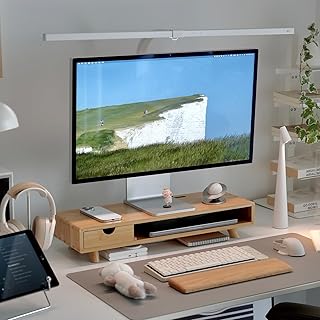 Wooden Monitor Stand with Drawer and Cable Management