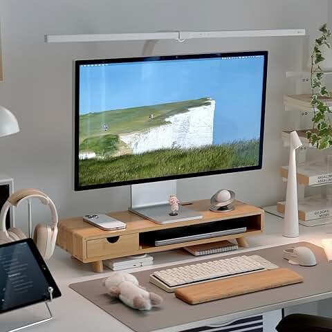 Wooden Monitor Stand with Drawer and Cable Management