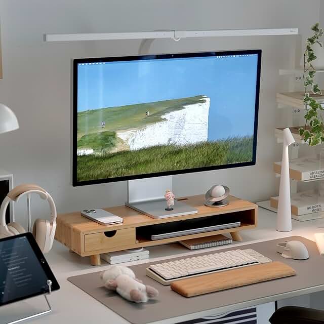 Wooden Monitor Stand with Drawer and Cable Management