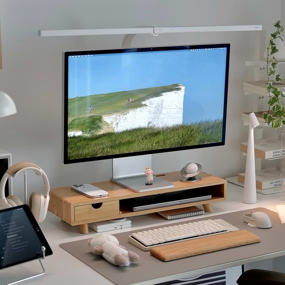 Wooden Monitor Stand with Drawer and Cable Management
