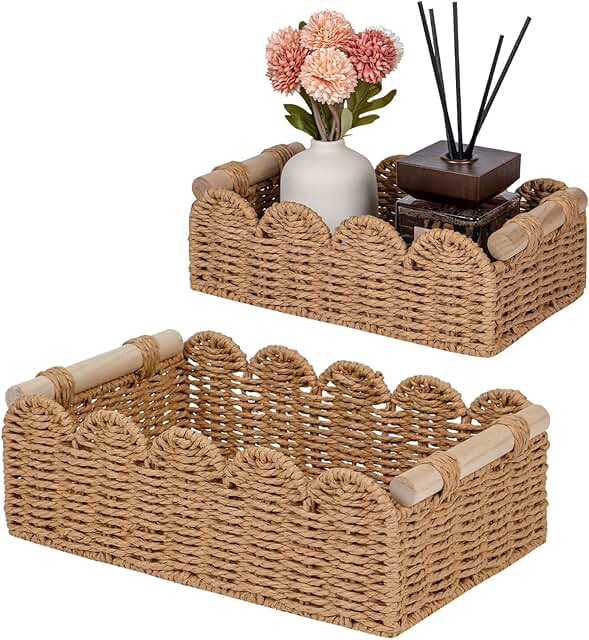 Set of 2 Paper Rope Decor Baskets with Scalloped Edges