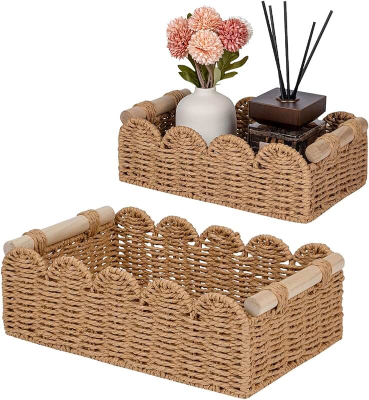 Set of 2 Paper Rope Decor Baskets with Scalloped Edges