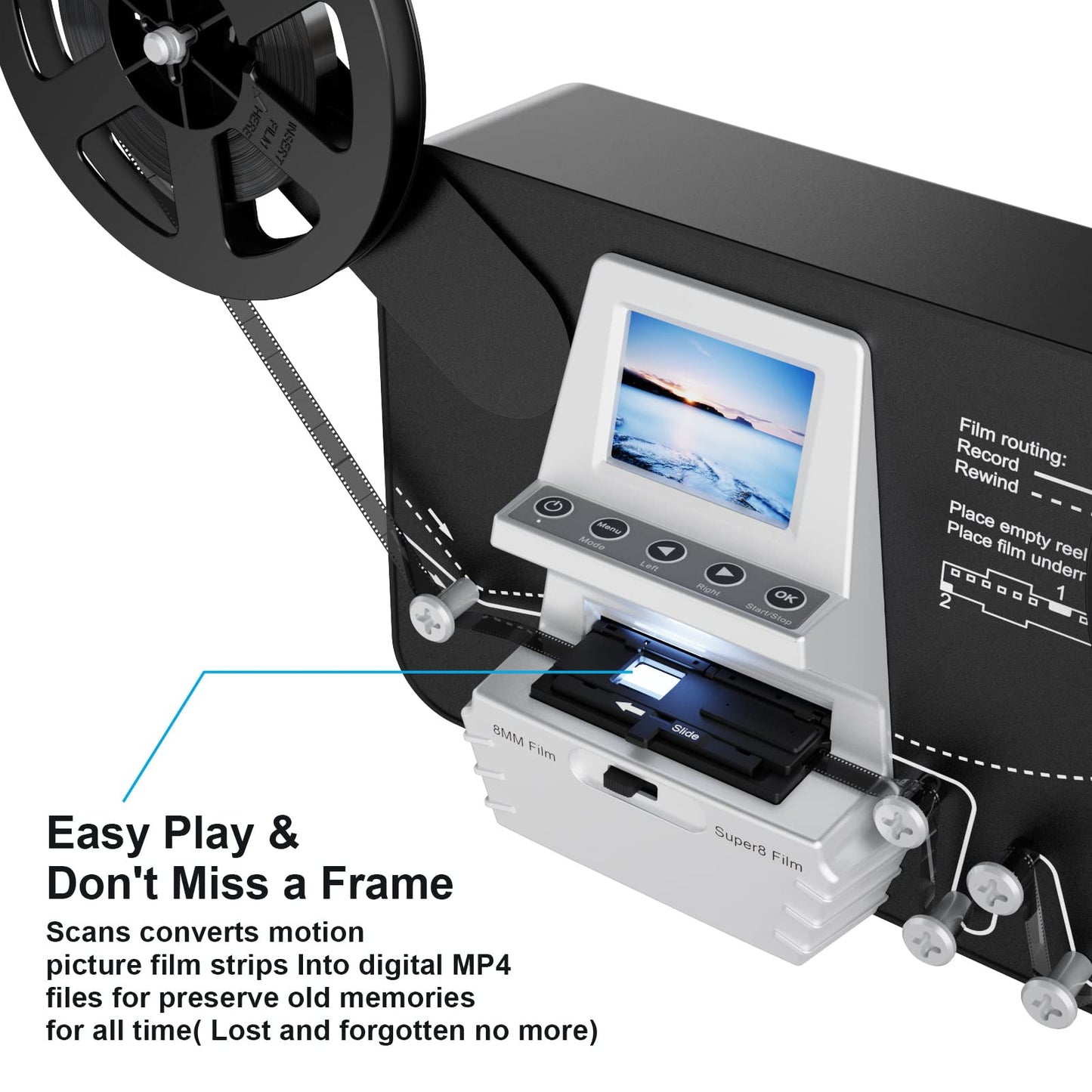 8mm & Super 8 Reels to Digital Film Scanner Converter, Film Digitizer with 2.4" Screen, Convert 3 4 5 7 9 Reels View Frame by Frame into 1080P Digital MP4 Files,Sharing & Saving on 32GB SD Card