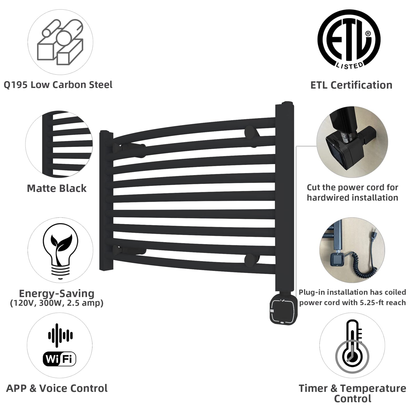 HEAT E Smart Towel Warmer with Timer and Temperature Control, Smart Liquid Filled Towel Rails, Plug-in/Hardwired Wall-Mounted Towel Heater Rack Compatible with and Google Home, Matte Black